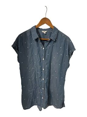 Women's Chambray, Rolled Sleeves, Button Down Shirt, White Stars, M